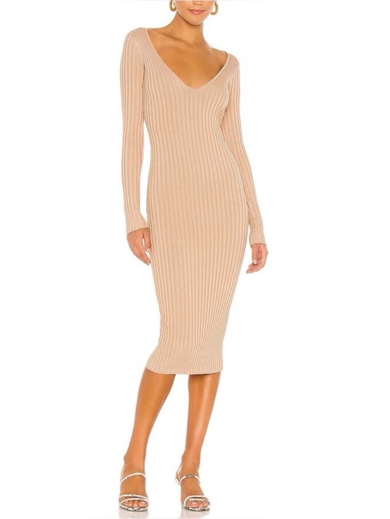 NBD Dresses & Skirts - NBD Revolve Bekah Deep V Nude Midi Dress Tan Size Small NWT